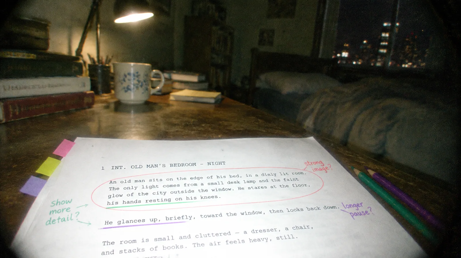 A screenplay page marked up with colored pencil notes and sticky tabs on a cluttered desk at night, photographed with a flash